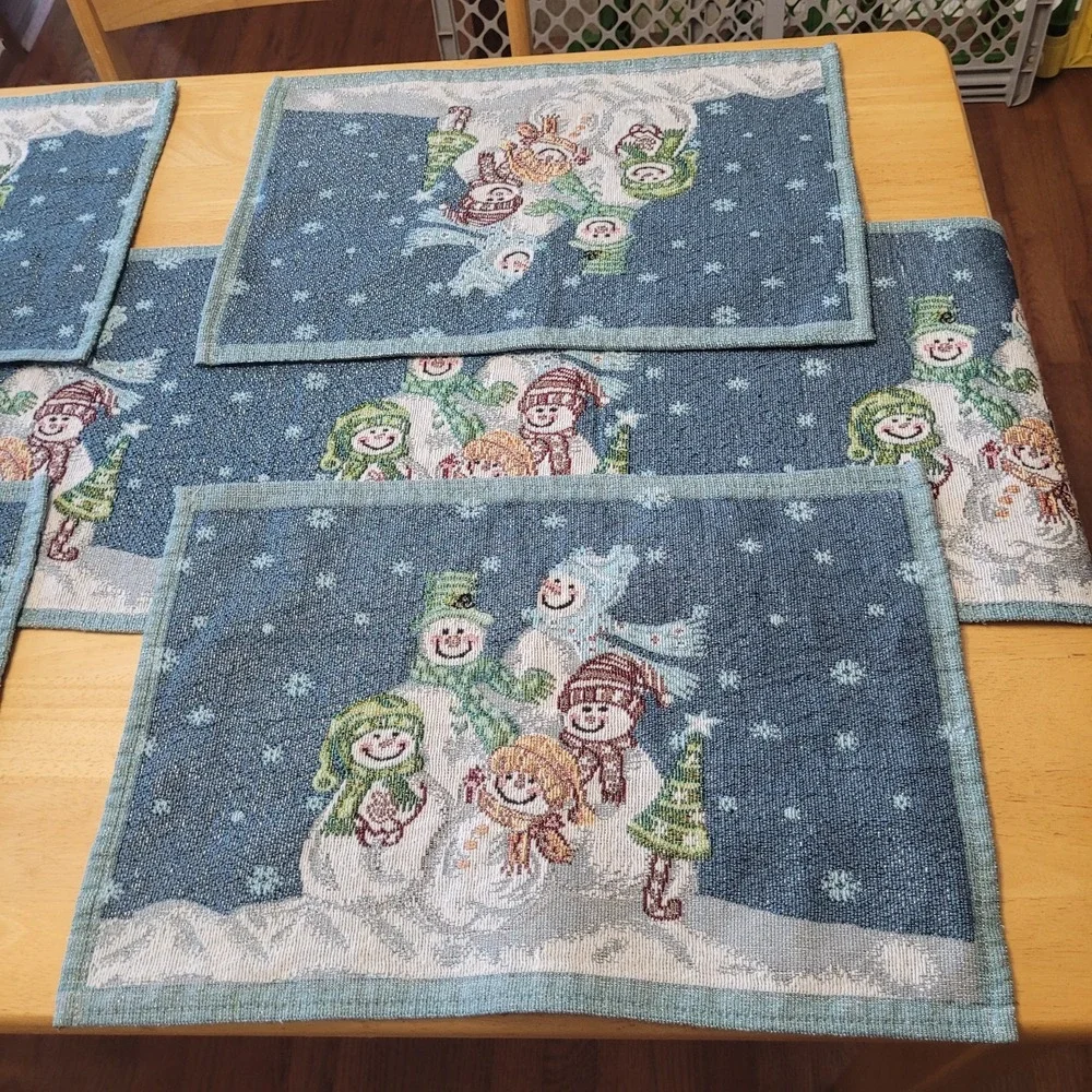 Snowman Family Christmas Holiday Tapestry Placemats Set Of‎ 4 With Runner